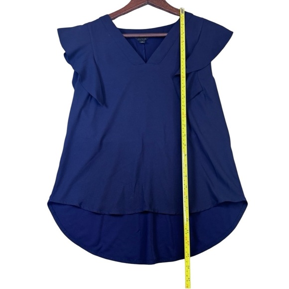 Ann Taylor Navy Blue V Neck Blouse with Ruffled Short Sleeves - Picture 5 of 9